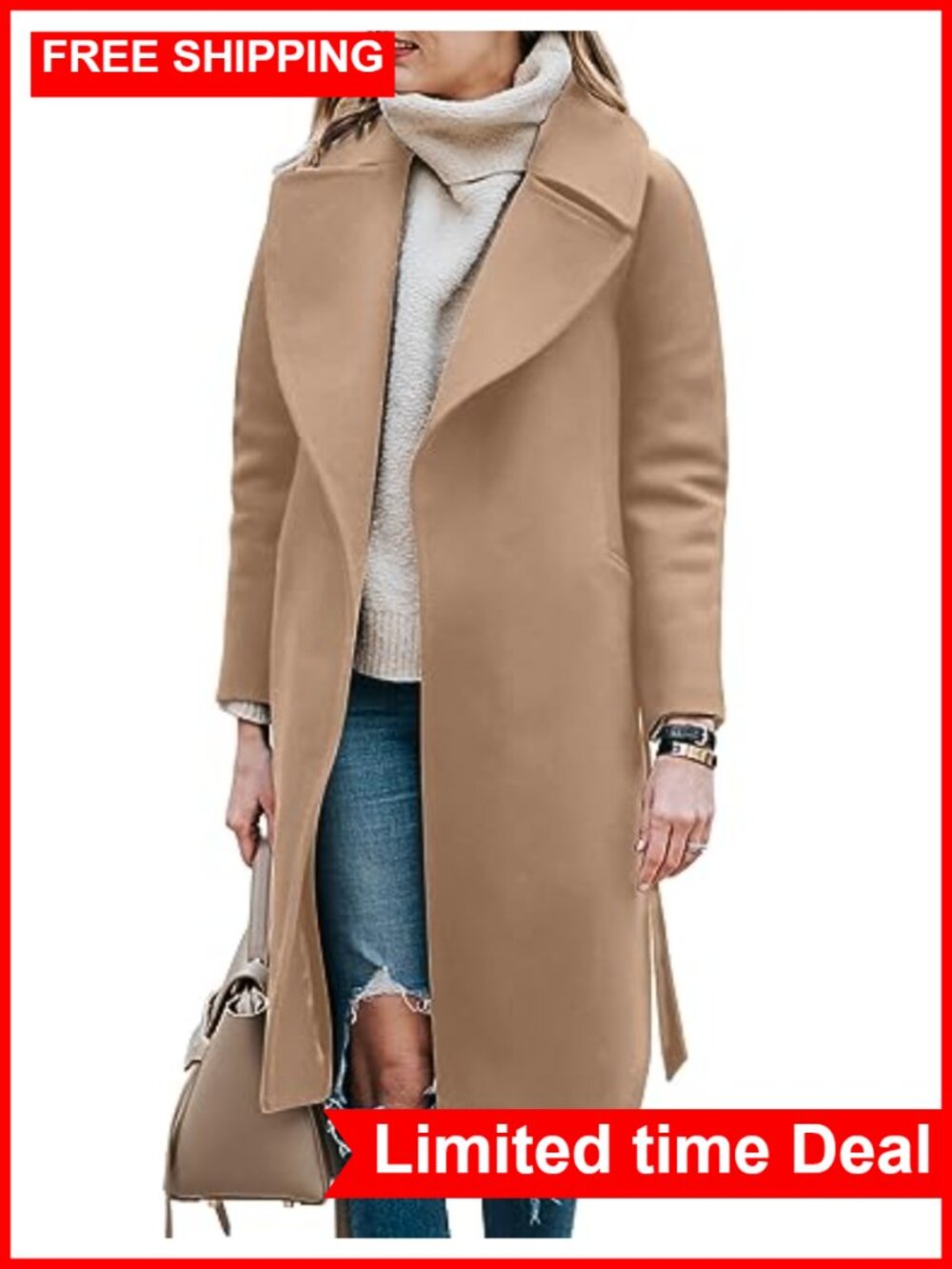 Womens Wool Blend Pea Coat Long Trench Belted Winter Jacket